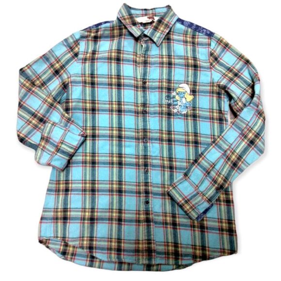 WHOLE HAUSS | VINTAGE SMURF GRAPHIC PRINT FLANNEL PLAID BUTTON DOWN IN TEAL - Picture 3 of 16